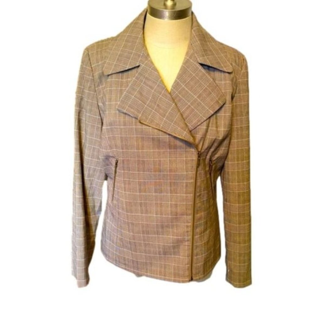 Vintage Focus 2000 Women's 8 Camel Plaid Brown Asymmetrical Zip‎ Blazer Jacket